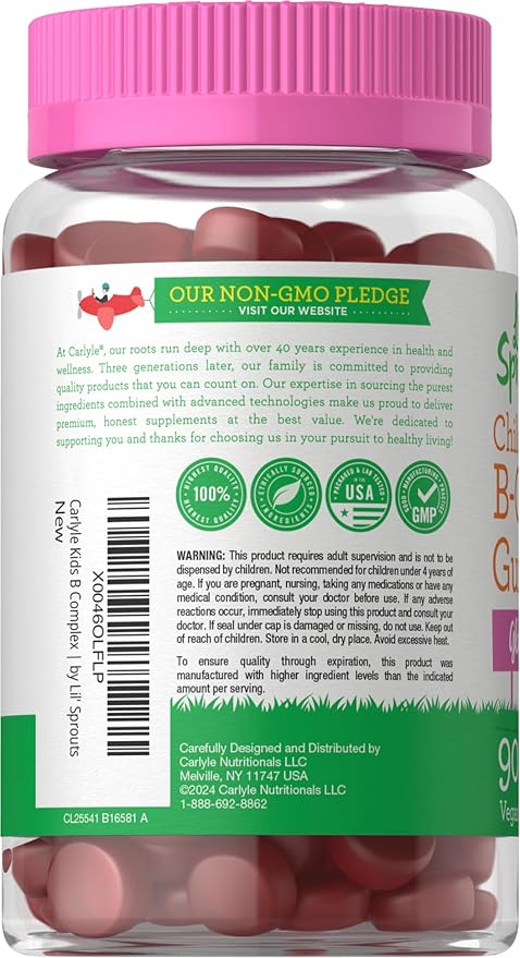 Carlyle Kids B Complex Gummies | 90 Count | Peach Raspberry Flavor | Non-GMO, Gluten Free & Vegan Supplement | Lil' Sprouts