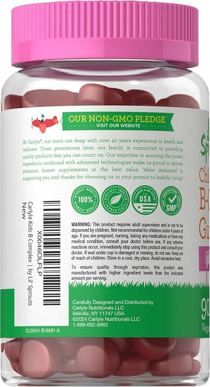 Carlyle Kids B Complex Gummies | 90 Count | Peach Raspberry Flavor | Non-GMO, Gluten Free & Vegan Supplement | Lil' Sprouts