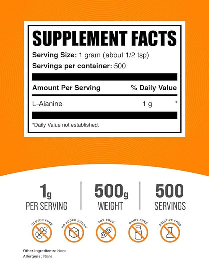 BulkSupplements.com L-Alanine Powder - Alanine Supplement, L-Alanine 1000mg - Amino Acid Supplement, Amino Acid Powder - Unflavored & Gluten Free, 500g (1.1 lbs) (Pack of 1)