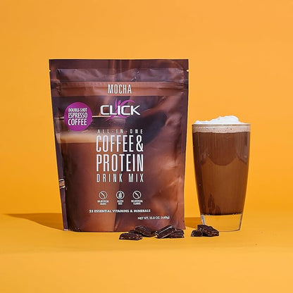 Click Coffee Protein, Protein & Real Coffee All-in-One, Meal Replacement Nutrition Drink, Mocha Flavor, 23 Essential Vitamins, Double Shot Espresso Coffee, Hot or Cold, 15.8-Ounce