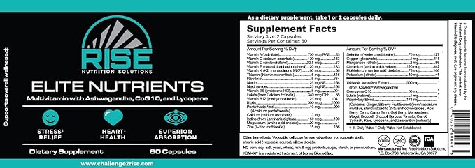 Rise Elite Nutrients with Vitamin A, Vitamin C, Vitamin D, Vitamin E, Calcium, Magnesium, Ashwagandha, and CoQ10 Supplement | Multivitamin for Men and Women