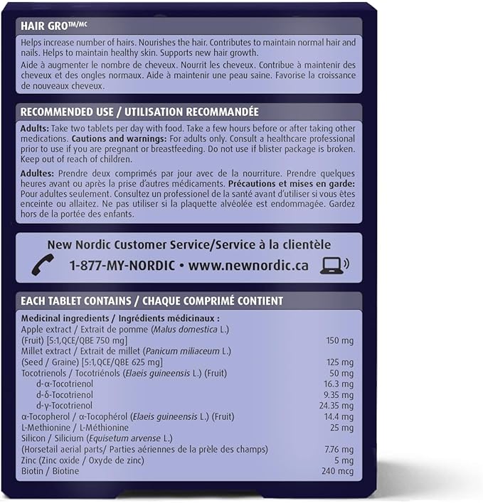 NEW NORDIC Hair GRO, Hair Growth Supplement, Biotin & Palm Fruit Extract Tocotrienols for Natural Regrowth, for Men and Women, 60 Count (Pack of 3)