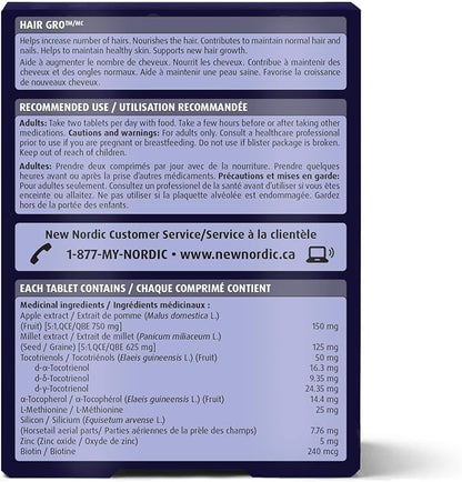 NEW NORDIC Hair GRO, Hair Growth Supplement, Biotin & Palm Fruit Extract Tocotrienols for Natural Regrowth, for Men and Women, 60 Count (Pack of 3)