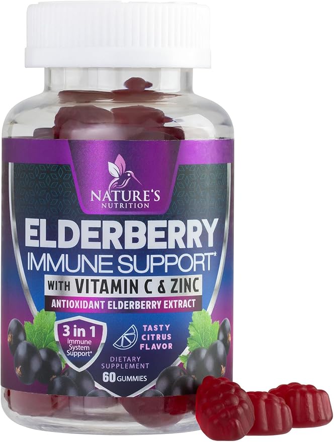 Immune Support Gummies - Powerful Sambucus Elderberry Gummies with Elderberry Extract, Zinc & Vitamin C Gummy, Max Potency Natural Vegan Immune Support Supplement for Adults & Children - 60 Gummies