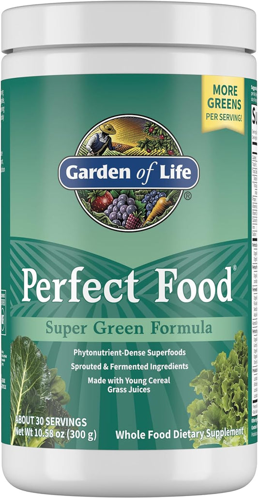 Garden of Life Perfect Food Super Green Formula - 30 Servings | 45 Superfoods, Greens, Fruit & Veggie Juice Superfood Powder Supplement, Probiotics & Organic Spirulina for Digestion & Immune Health