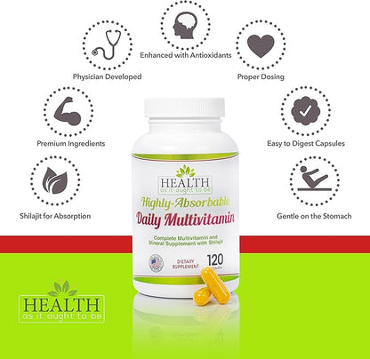 Health As It Ought To Be Highly|Absorbable Daily Multivitamin with Shilajit, MethylB12, Methylfolate, and Vitamin K2 MK7 Supplement | 120 Capsules