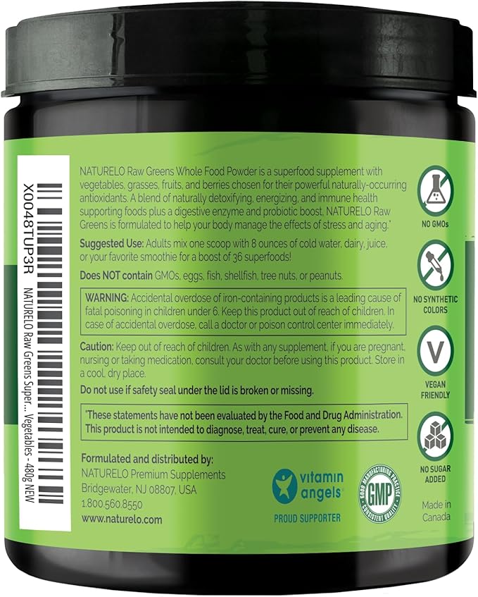 NATURELO Raw Greens Superfood Powder - Mixed Berry Flavor - Boost Energy, Detox, Enhance Health - Organic Spirulina - Wheat Grass - Whole Food Nutrition from Fruits & Vegetables - 480 Grams