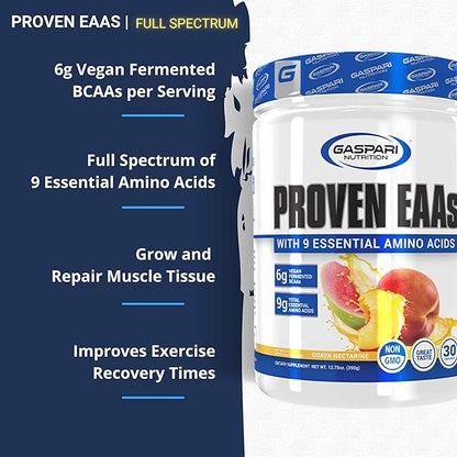 Gaspari Nutrition Proven EAAs, Vegan Fermented EAAs, Enhances Recovery & Replenishes Electrolytes, Non GMO (30 Servings, Guava Nectarine)