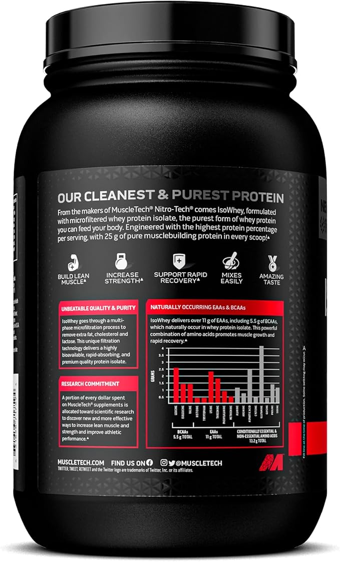 MuscleTech | IsoWhey | Whey Protein Isolate Powder| Muscle Builder for Men & Women | Post Workout Recovery Supplement | Chocolate | 2 lbs | 29 Servings