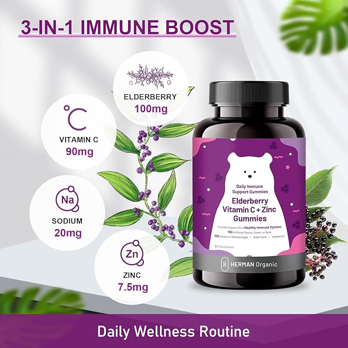 Herman Organic Elderberry Gummies for Kids and Adults,with Vitamin C, Zinc and Sodium, 3-in-1 Daily Immune Support Supplement,Gluten Free, Vegetarian(60 Gummies)