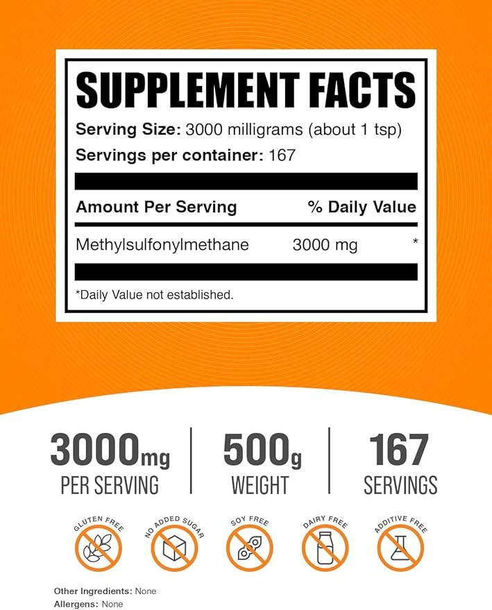 BulkSupplements.com MSM Powder - Methylsulfonylmethane, MSM Supplement - MSM Pure Powder, MSM 3000mg - for Joint Health, Gluten Free, 3000mg per Serving, 500g (1.1 lbs) (Pack of 1)