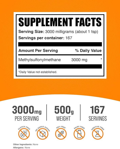 BulkSupplements.com MSM Powder - Methylsulfonylmethane, MSM Supplement - MSM Pure Powder, MSM 3000mg - for Joint Health, Gluten Free, 3000mg per Serving, 500g (1.1 lbs) (Pack of 1)