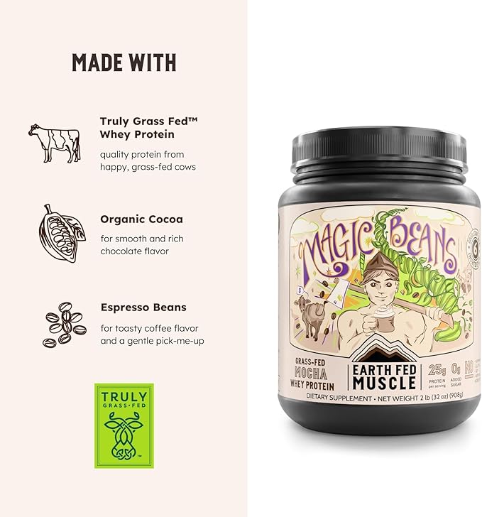 Earth Fed Muscle Magic Beans Mocha Truly Grass Fed Whey Protein Isolate Powder - Non GMO, Hormone Free, Soy Free, Gluten Free, Keto - 2lb, 31 Servings