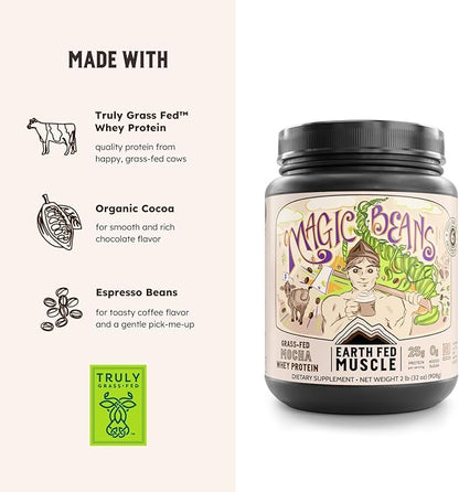 Earth Fed Muscle Magic Beans Mocha Truly Grass Fed Whey Protein Isolate Powder - Non GMO, Hormone Free, Soy Free, Gluten Free, Keto - 2lb, 31 Servings