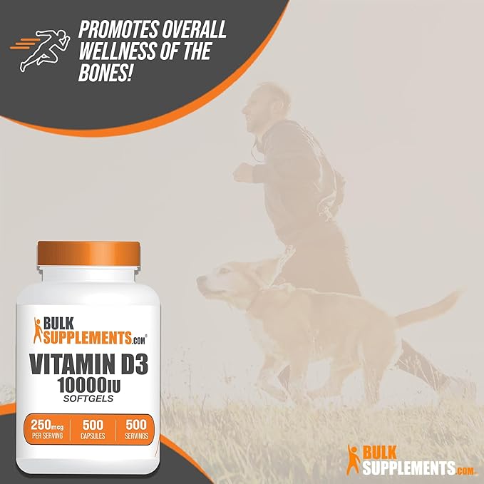 BulkSupplements.com Vitamin D3 10000IU Softgels - Cholecalciferol, D3 Supplement, Vitamin D 10000 IU - 1 Vitamin D3 Softgel (250mcg of Vitamin D) per Serving - 500-Day Supply, 500 Softgels