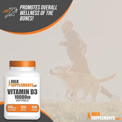 BulkSupplements.com Vitamin D3 10000IU Softgels - Cholecalciferol, D3 Supplement, Vitamin D 10000 IU - 1 Vitamin D3 Softgel (250mcg of Vitamin D) per Serving - 500-Day Supply, 500 Softgels