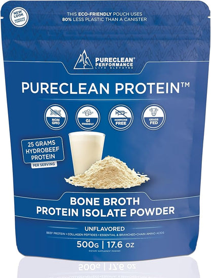 PureClean Protein 25G Organic Grass Fed Beef Bone Broth Protein from Swedish Cattle - Paleo, Keto-Friendly, Gluten-Free, Sugar-Free, Dairy-Free - Enhanced with Collagen Peptides - 500 Grams/Unflavored