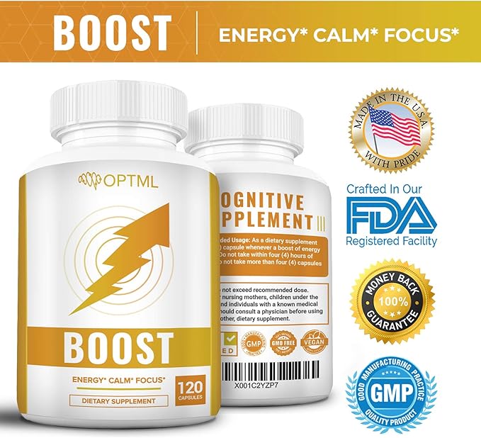 OPTML Boost, 100mg Caffeine Pills with 200mg L-Theanine, Energy Pills for Mood Elevation and Sharper Focus, Blend of Caffeine Anhydrous and Tea Derived L-Theanine, No Crash, No Jitters, 120 Capsules