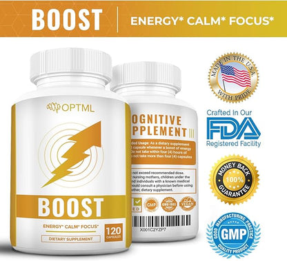 OPTML Boost, 100mg Caffeine Pills with 200mg L-Theanine, Energy Pills for Mood Elevation and Sharper Focus, Blend of Caffeine Anhydrous and Tea Derived L-Theanine, No Crash, No Jitters, 120 Capsules