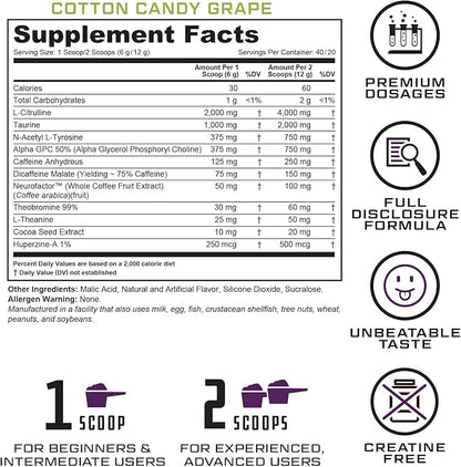 Prevail Pre Workout Powder with Nootropics: Pre Workout for Men and Women, Cutting Edge Energy and Focus Supplement with L Citrulline, Alpha GPC, L Tyrosine | Cotton Candy Grape, 40 Scoops