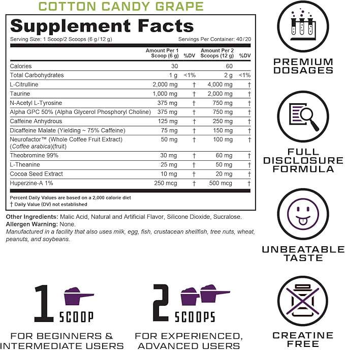 Prevail Pre Workout Powder with Nootropics: Pre Workout for Men and Women, Cutting Edge Energy and Focus Supplement with L Citrulline, Alpha GPC, L Tyrosine | Cotton Candy Grape, 40 Scoops