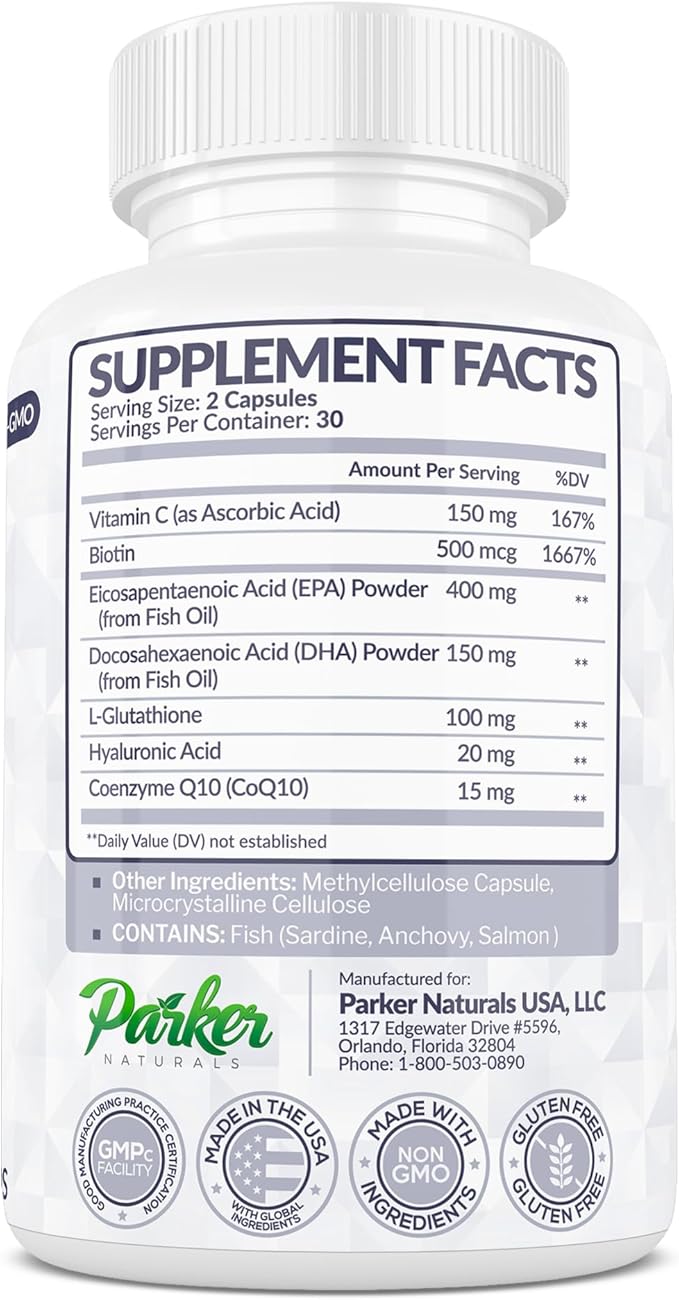 Glowing Skin Supplement - Biotin, Glutathione, Hyaluronic Acid, DHA/EPA Omega 3 Fish Oil, CoQ10, Vitamin C, All Natural Skin Care Supplement, 60 Caps