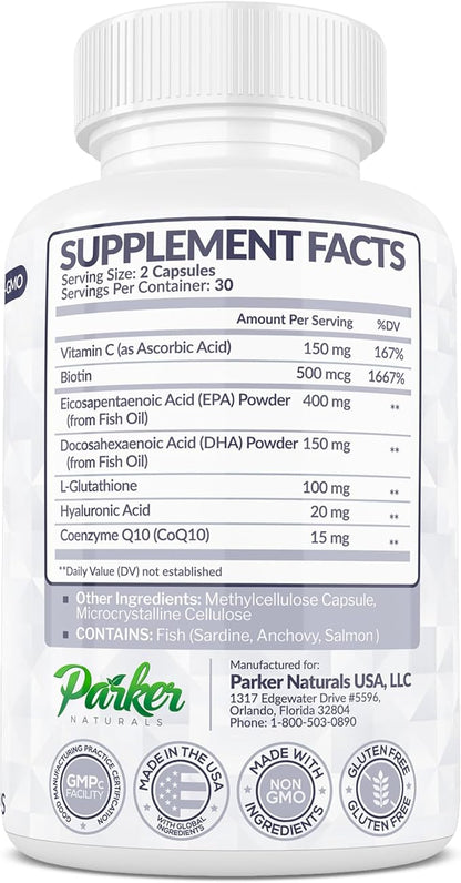 Glowing Skin Supplement - Biotin, Glutathione, Hyaluronic Acid, DHA/EPA Omega 3 Fish Oil, CoQ10, Vitamin C, All Natural Skin Care Supplement, 60 Caps