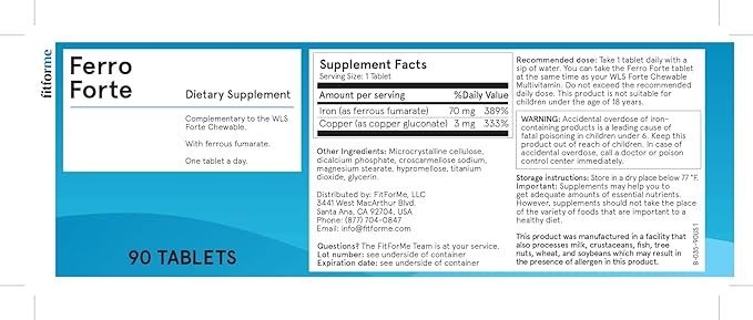 Bariatric Multivitamins Iron Supplement After Gastric Bypass - One a Day Ferro Forte Tablet - 90 Days Supply of Ferrous Iron (Iron Booster for Forte Chewable)