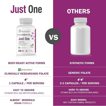 Just One Daily Methylated Multivitamin - 60 Caps Pure Methyl B12, Methylfolate MTHFR Support Supplement Iron Free Methylated Vitamins for Men & Women 2 Months Supply Gluten Free