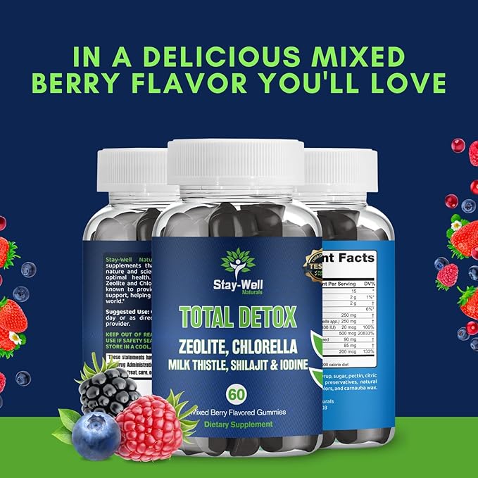Total Detox, Heavy Metal Detox for Adults- Zeolite, Chlorella, Milk Thistle, Shilajit & Iodine, Toxin Cleanse, Heavy Metal Cleanse, 60 Mixed Berry Gummies