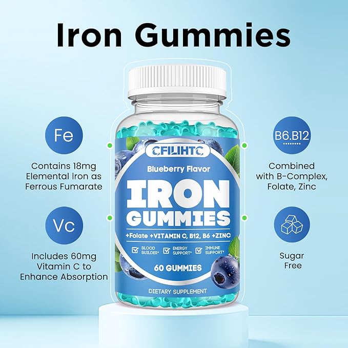 Iron Gummies for Women & Men - Iron Supplement with Vitamin B6, B12, C, Zinc, Folate for Adults & Kids - Support Iron Deficiency, Anemia, Energy Boost, Blood Builder - Sugar Free Vegan 60ct Blueberry
