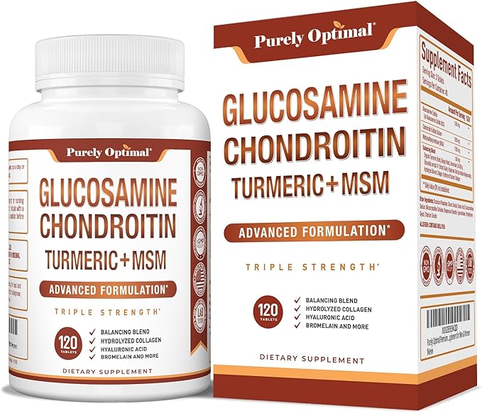 Purely Optimal Glucosamine Chondroitin MSM Supplement w/Turmeric & Boswellia - Glucosamine Sulfate Joint Supplement for Men & Women - 120 Tablets