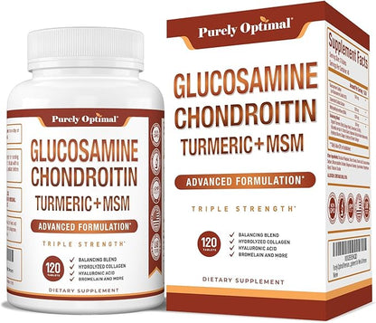 Purely Optimal Glucosamine Chondroitin MSM Supplement w/Turmeric & Boswellia - Glucosamine Sulfate Joint Supplement for Men & Women - 120 Tablets