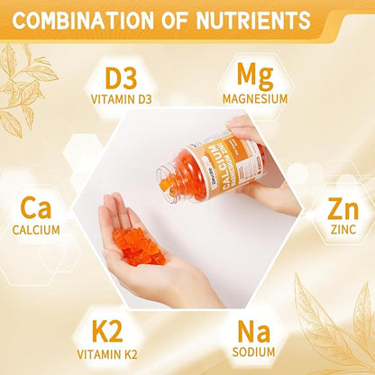 Calcium Magnesium Zinc Gummies with Vitamin D3 & K2 - High Potency Enhanced Absorption -120 Orange Gummies Flavored