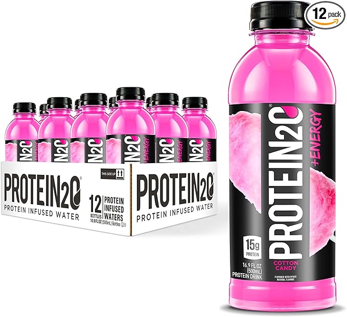 Protein2o 15g Whey Protein Infused Water Plus Energy & Focus, Cotton Candy, 16.9 oz Bottle (Pack of 12)