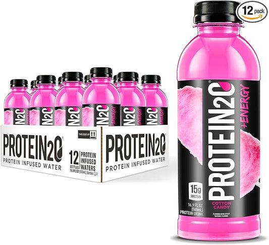 Protein2o 15g Whey Protein Infused Water Plus Energy & Focus, Cotton Candy, 16.9 oz Bottle (Pack of 12)
