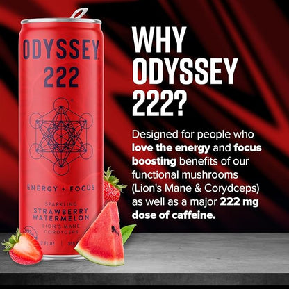 Odyssey Elixir - Odyssey 222 - Sparkling Energy Drink - 222 mg of Caffeine - Lion's Mane & Cordyceps - Energy & Focus - Endurance & Stamina - Nootropic - Pre Workout - Strawberry Watermelon