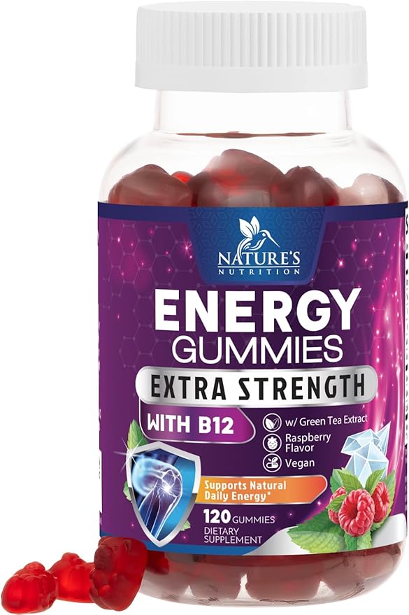 Energy Gummies Vitamin B12, Green Tea Natural Caffeine Support, Extra Strength 1000 mcg Daily Energy Vitamins, Delicious Berry Flavor Gluten Free Chewable Supplement for Cycling & Running - 120 Chews