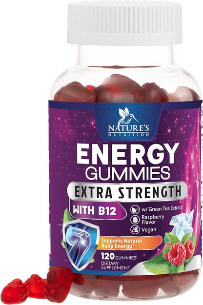 Energy Gummies Vitamin B12, Green Tea Natural Caffeine Support, Extra Strength 1000 mcg Daily Energy Vitamins, Delicious Berry Flavor Gluten Free Chewable Supplement for Cycling & Running - 120 Chews