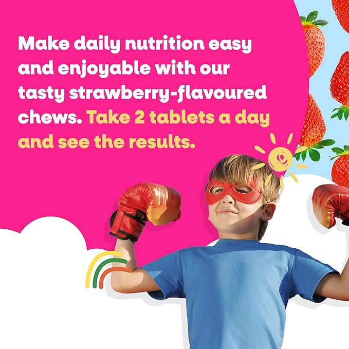 Kids MultiVitamin Supplement, Vegan Chewable Multivitamin for Immune Support, Energy, & Growth, 18 Essential Vitamins & Minerals, Ages 4+ - 60 Tablets, Strawberry