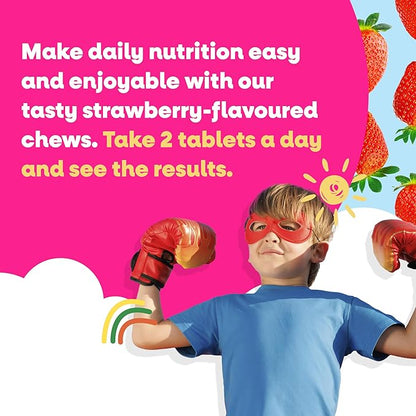 Kids MultiVitamin Supplement, Vegan Chewable Multivitamin for Immune Support, Energy, & Growth, 18 Essential Vitamins & Minerals, Ages 4+ - 60 Tablets, Strawberry