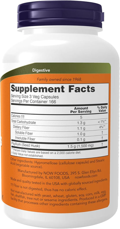 NOW Foods Supplements, Psyllium Husk Caps 500 mg, Non-GMO Project Verified, Natural Soluble Fiber, Intestinal Health*, 500 Veg Capsules
