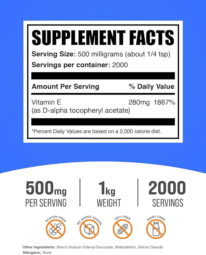 BulkSupplements.com Vitamin E 400 IU Powder - as D-Alpha Tocopherol, Vitamin E Supplements, Vitamin E Powder - Gluten Free, 500mg per Serving, 1kg (2.2 lbs) (Pack of 1)