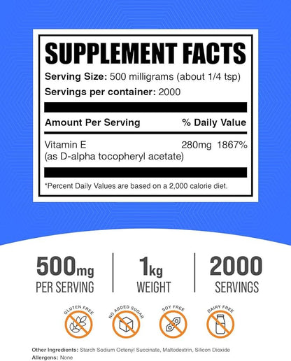 BulkSupplements.com Vitamin E 400 IU Powder - as D-Alpha Tocopherol, Vitamin E Supplements, Vitamin E Powder - Gluten Free, 500mg per Serving, 1kg (2.2 lbs) (Pack of 1)