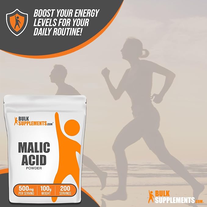 BulkSupplements.com Malic Acid Powder - Malic Acid Supplement, Malic Acid Powder Food Grade - for Energy & Skin Support, Gluten Free - 500mg per Serving, 100g (3.5 oz)
