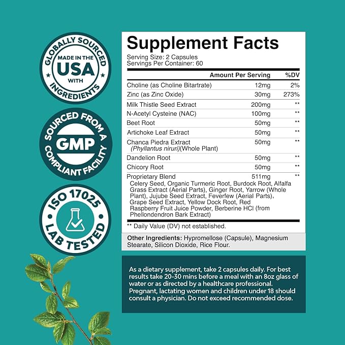 Liver Support Supplement with NAC - Herbal Liver Supplement with N Acetyl Cysteine Silymarin Milk Thistle Extract Dandelion Root Artichoke Extract Choline Bitartrate and Berberine 120 Capsules