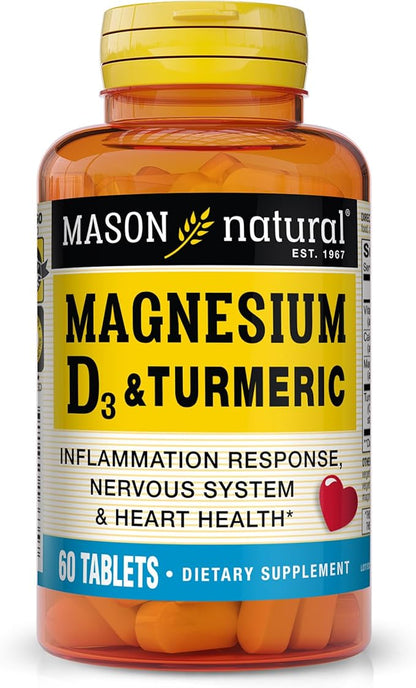 MASON NATURAL Magnesium & Vitamin D3 with Turmeric, 60 Day Supply Dietary Supplement with 500 mg Magnesium, 3000 IU Vitamin D3, and 150 mg Turmeric