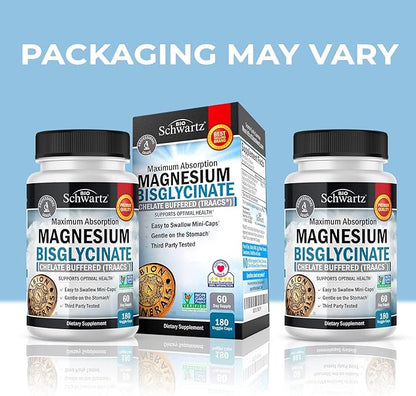 Magnesium Bisglycinate 100% Chelate No-Laxative Effect - Maximum Absorption Magnesium Supplement - Fully Reacted & Buffered for Energy Muscle Bone & Joint Support - Non-GMO Project Verified -180ct