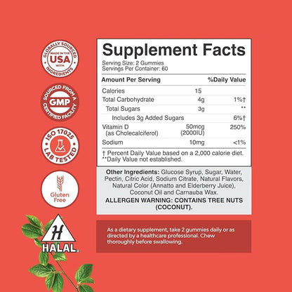 Vitamin D3 Gummies for Daily Wellness - Delicious Vitamin D Gummies for Adults with Vitamin D3 2000IU per Serving for Bone Muscle & Immune Support - Non-GMO Gelatin & Gluten Free (60 Day Supply)