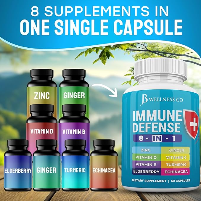 Immune Support 8 in 1 Capsules - Zinc Supplement, Vitamin D3 5000 IU, Vitamin C 1000MG and Elderberry - Immune Booster Ginger Root, and Turmeric - [2-Pack]